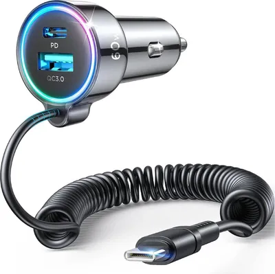 A car charger with a coiled USB-C cable.