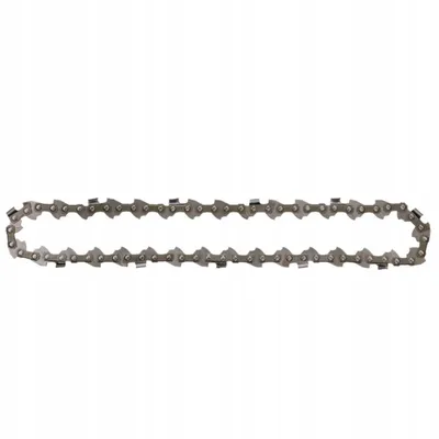 A chainsaw chain is laid out on a white background.