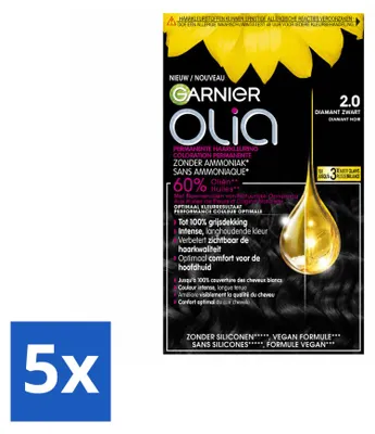 Productafbeelding van 5 x Garnier Olia 2 Permanente Haarkleuring Diamant Zwart, zonder ammoniak - Voordeelverpakking - 5 stuks