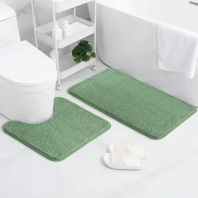 Image de Lot de 2 tapis de salle de bain : un tapis de bain en microfibre douce, un tapis de sol antidérapant et absorbant, et un tapis de toilettes en forme de U ; tapis de bain 50 x 80 cm et tapis de toilettes 50 x 40 cm (vert)