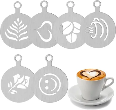 6 Edelstahl-Kaffeeschablonen für Latte Art & Kuchen, 12x9 cm
