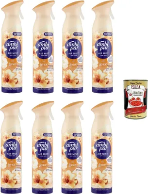 Produktbild von Ambi Pur Lufterfrischerspray, Duft nach goldener Orchidee, 100% natürliches Treibmittel, bekämpft Gerüche in jedem Raum des Hauses 8x185ml + Italian Gourmet polpa 400g
