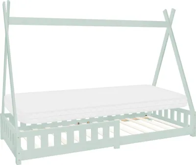 Produktbild von ML-Design Kinderbett Tipi 90x200 cm mit Matratze, Rausfallschutz und Lattenrost, aus Kiefernholz, Minzegrün, Hausbett mit Zaun Bodenbett Holzbett