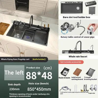 Produktbild von RVS-Spüle für die Küche – Wasserhahn mit Wasserfallauslauf – Digitales Display – Rechteckiges Waschbecken