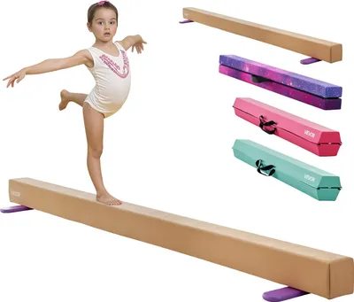 A young girl is balancing on a gymnastics beam, with several folded beams in carrying cases shown in the background.