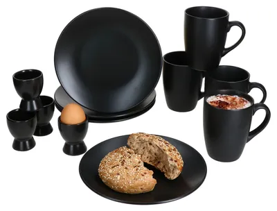Produktbild von Nero 12tlg Frühstücksset matt schwarz Steingut Teller Kaffeebecher Eierbecher