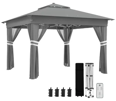 Produktbild von Outsunny Faltpavillon ca. 3 x 3 m, Pavillon mit LED, 4 Netzvorhängen, Seitenwand