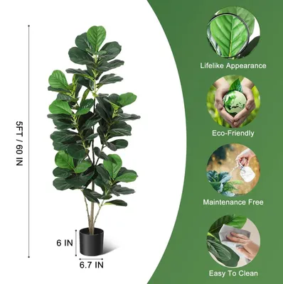 Immagine prodotto di Ficus lyrata artificiale, pianta ornamentale a forma di albero - Altezza: 153 cm - Pianta artificiale con foglie in plastica realistica - Pianta da interno con vaso nero - Verde