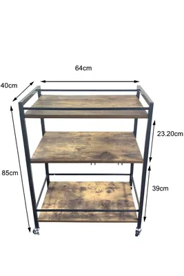 Produktbild von IvoQ Servierwagen – Küchenwagen – Industrielles Holz & Metall – 3 Ebenen – Auf Rollen mit Bremse – 64x40x85 cm