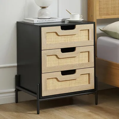 Immagine prodotto di Tavolino da comodino - Comodino - Cassettiera - Tavolino di servizio - Comodino in legno - Tavolino bohémien in rattan con 3 cassetti