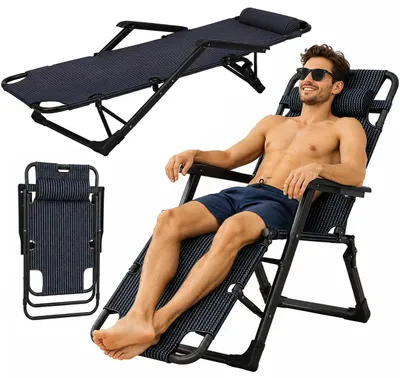 Zdjęcie produktu dla Leżak Składany Ogrodowy Plażowy Regulowany Podnóżek z Poduszką Czarny
