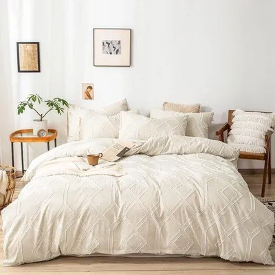Zdjęcie produktu dla Zestaw pościeli w stylu bohemy, 200 x 220 cm, beżowy, wzór geometryczny, lamówki, nowoczesny, elegancki, z mikrofibry, z zamkiem błyskawicznym i 2 poszewkami na poduszki 80 x 80 cm