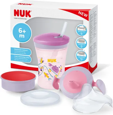 Obrázok produktu pre Súprava hrnčekov na pitie NUK 3 v 1 s hrnčekom na pitie Trainer Cup (6+ mesiacov), hrnčekom na pitie Magic Cup 360° (8+ mesiacov) a detskou fľašou Action Cup (12+ mesiacov) | 230 ml | bez  | fialový krab