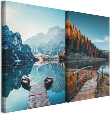 Produktbild von murando - Akustikbild Bilder XL Set Berge und Holzsteg Kunstdruck auf Leinwandbild 80x60cm 2 Teilig je 40x60cm Collage 2er Kunst Wandpaneele Schalldämmung Leinwandbilder Dekoration - c-B-10266-b-a
