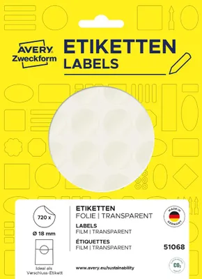 Obrázek produktu pro AVERY ZWECKFORM 51068 Uzavírací etikety, Ø 18 mm, 15 listů/720 etiket, průhledné
