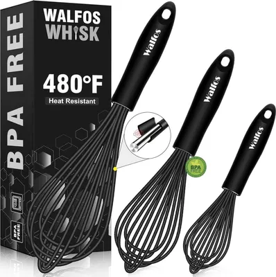 Obrázok produktu pre Walfos® sada metličiek, silikónová metlička z nehrdzavejúcej ocele, 3 kusy 21cm 23cm 28cm, čierna