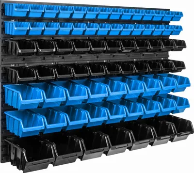 Produktbild von Lagersystem Wandregal 1152 x 780 mm | 75 stck. Box | Stapelboxen Schüttenregal Sichtlagerkästen | Extra Starke Wandplatten | Regal Erweiterbar | Werkstattregal Lagerregal Werkstattwandregal Steckregal