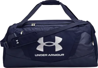 A navy blue Under Armour duffel bag with a silver logo and text.