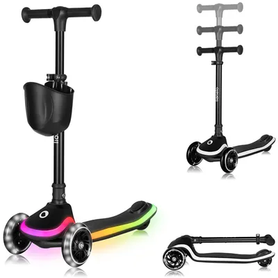 Immagine prodotto di Monopattino per bambini Lionelo Mey da 3 anni fino a 50 kg, illuminazione a LED sulla pedana, pedana antiscivolo, cestino - nero