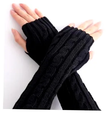Produktbild von Lange fingerlose Handschuhe 1 Paar Armstulpen 30 x 7,5 cm gestrickte lange fingerlose Handschuhe mit Daumenloch Ärmel schwarze Handgelenkstulpen für Damen