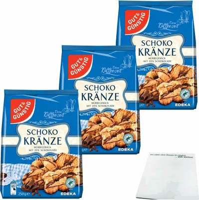 Produktbild von Gut & Günstig Schokokränze Mürbegebäck mit 20 % Schokolade 3er Pack (3x250g Packung) + usy Block