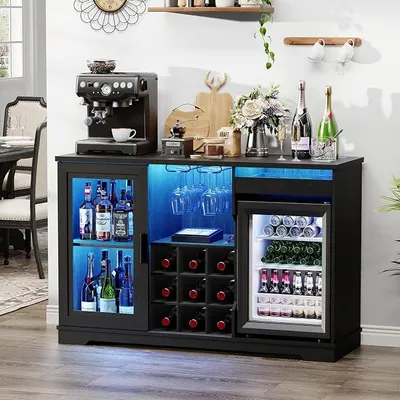 Produktbild von Barschrank mit Kühlschrank (inklusive), weinkühlschrank mit LED-Beleuchtung, Getränkeschrank Sideboard mit Bewegungssensor, Weinschrank für Wohnzimmer Küche Esszimmer (Schwarz)