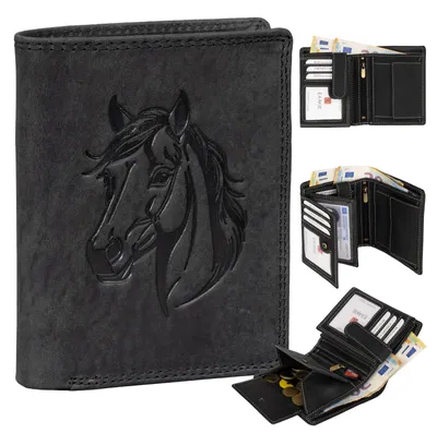 Produktbild von RFID Büffel Echt Leder Geldbörse Portemonnaie Herren mit geprägtem Motiv Hochformat Pferdekopf Schwarz