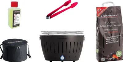 Obrázek produktu pro LotusGrill Starter-Set Classic 1x gril antracitově šedý s USB připojením, 1x bukové dřevěné uhlí 2,5 kg, 1x palivová pasta 200 ml, 1x kleště na klobásy (barva dle skladových zásob), 1x přenosná taška