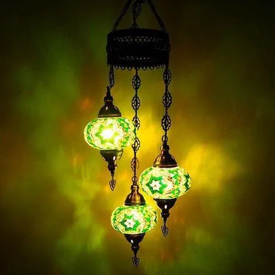 Obrázek produktu pro Turecká závěsná lampa se 3 zelenými mozaikovými koulemi – orientální lampa pro vytvoření příjemné atmosféry