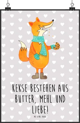 Produktbild von Mr. & Mrs. Panda Bild Fuchs Keks DIN A2 - Grau Pastell - Geschenk, drucke, wanddeko, Weihnachtlich, Winter, Wanddekoration, Kunstdruck, Weihnachten, Frieren, Plätzchen