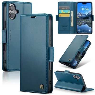 Image de Étui pour iPhone 16 Plus, carte de blocage RFID, étui en cuir avec fonction stand, bleu