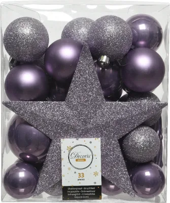 Produktbild von Weihnachtskugeln mit Christbaumstern Kunststoff 33er Set - Heidelila