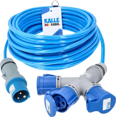 Produktbild von Kalle Verlängerungskabel CEE 230V 16A 2,5mm²  3-Fach Kupplung Extreme Blau IP44 15 Meter