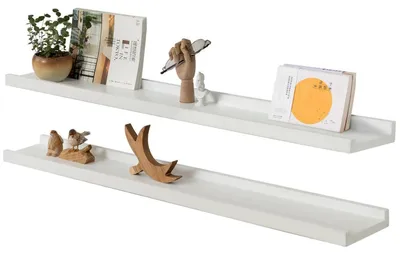 Zdjęcie produktu dla Półka ścienna, biała, zestaw 2 sztuki, 90 cm, wykonana z litego drewna dębowego, półka wisząca, listwa dekoracyjna, półka ścienna, 90x10 cm