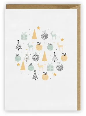 Productafbeelding van Een kerstkaart met rendieren, kerstballen en cadeaus