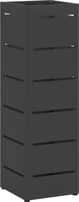 A tall, dark gray, rectangular planter with horizontal slats.