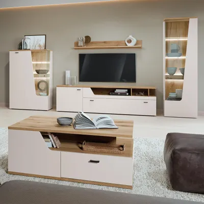 Produktbild von Wohnzimmer-Set in Kaschmir & Eiche mit Couchtisch, 5-teilig - CARMONA-129