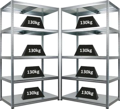 Two identical metal shelving units are shown, each with three black trapezoidal weights labeled '130kg' on different shelves.