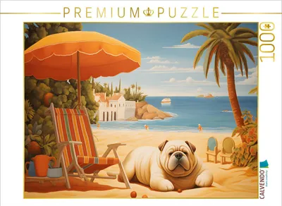 Produktbild von CALVENDO Puzzle Hund liegt am Strand und sonnt sich am Meer | 1000 Teile Lege-Größe 64x48cm Foto-Puzzle für glückliche Stunden
