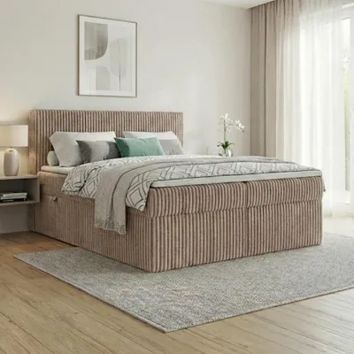 Produktbild von Boxspringbett RALF  120 x 200 cm mit Bettkasten, Topper und gepolstertem Kopfteil. Farbe:  Beige, Härtegraden:  H4 , Topper: Visco-Topper