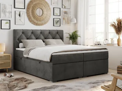 Produktbild von Boxspringbett 180x200 mit Bettkasten, Boxspringbett 180x200 mit Matratze, Doppelbett mit Matratze und Topper - Polsterbett mit Kopfteil - Stauraumbett - ALDA - 180x200 - Dunkelgrau - Velvet - H3