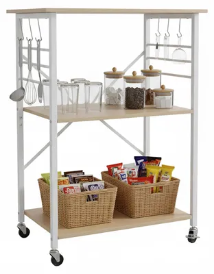 Küchenwagen 3 Ebenen 6 Haken Servierwagen 89x60x40 cm Naturweiß