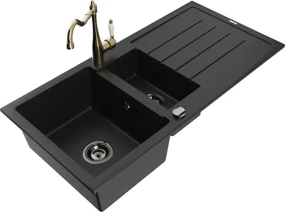 Produktbild von Mexen Andres 1,5-Becken-Granitspüle mit Abtropffläche und Mischbatterie Carla, Schwarz - 6515-77-670700-50-B