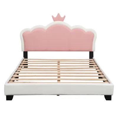 Produktbild von Kinderbett Polsterbett(90*200cm,Weiß) mit Lattenrosten und Rückenlehne, Mädchenbett mit Kronenformung