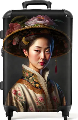 Produktbild von NoBoringSuitcases.com® Großer Koffer - Frau - Porträt - Blumen - Hut - Asiatisch - Kombinationsschloss TSA - Hartschalen Trolley 4 Rollen - 72 liter - Reisekoffer - 66 cmKoffer Mittelgroß 67x43x25 cm, 72L,