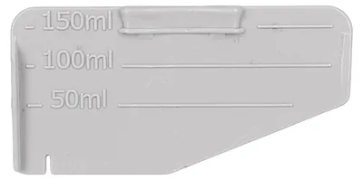 A close-up of a gray plastic measuring scoop with volume markings.