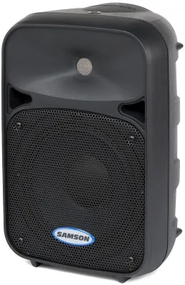 A black Samson Auro D208 active speaker is shown from a three-quarter front view against a light gray background.