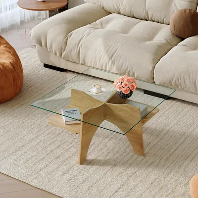 Produktbild von MODFU Beistelltisch Sicherheitsglas Minimalistisches Design Diagonales Gestell Ablagefach Wohnzimmer Transparente Glasplatte Holz