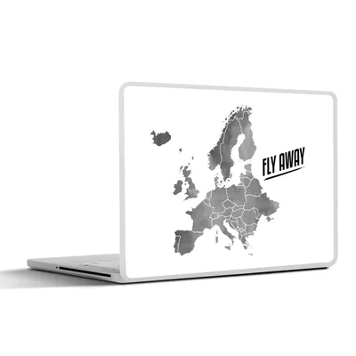 Produktbild von MuchoWow® Laptop Aufkleber Sticker Cover Eurocard in grauer Aquarellfarbe mit dem Zitat "Fly away" - schwarz-weiß 32.5x23.5 cm - Sticker für Laptop - Selbstklebend