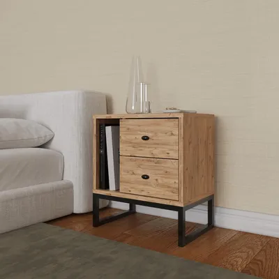 Produktbild von Hazer Nachttisch mit 2 Schubladen, Regal Pine Metallfüße Praktisch